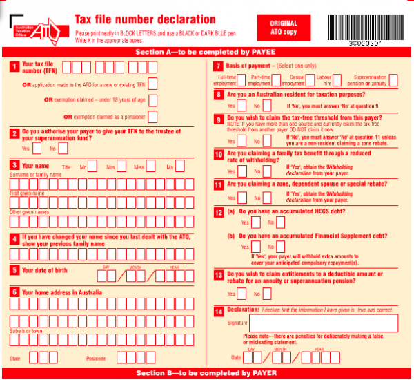 ATO TFN Declaration Form for payroll