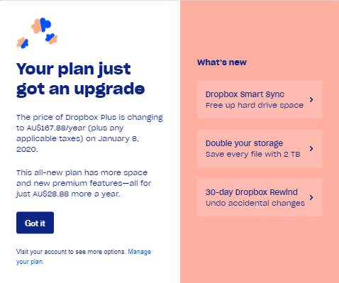 Dropbox price increase but double space and 30 day file backup feature included in the career academy courses