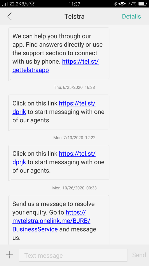 Text message from Telstra telling customers to use their website chat for Customer Service, why not just use SMS