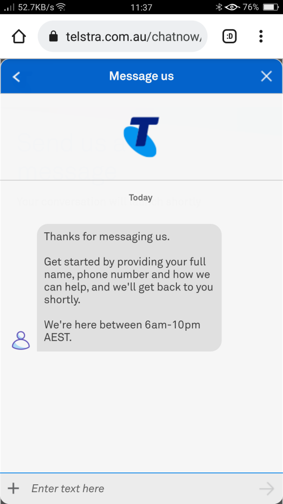 The Telstra Customer Service chat which has not authentication - Why use Telstra for Digital Marketing