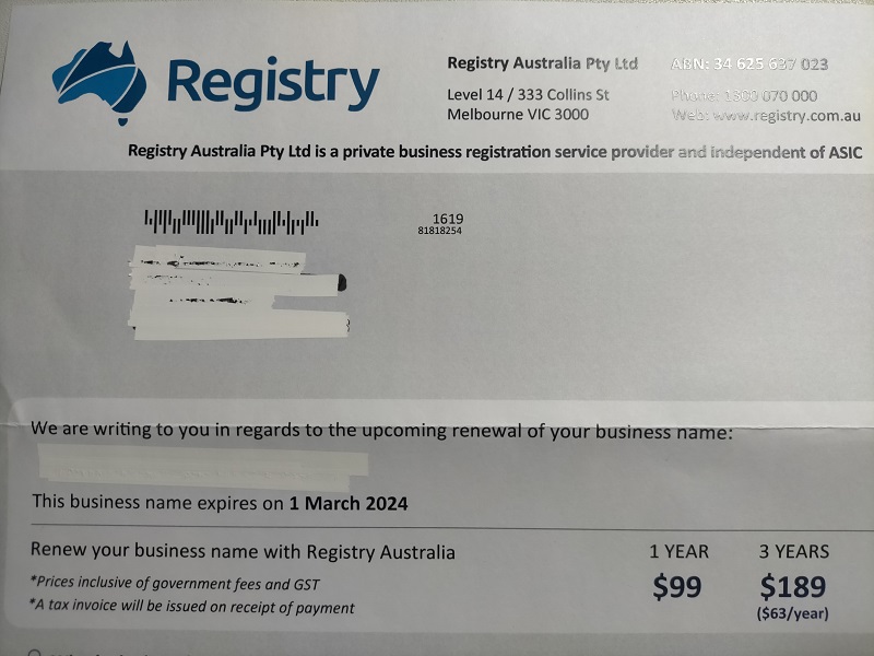 Business name registration and renewals misleading mail out NOT ASIC and twice the price